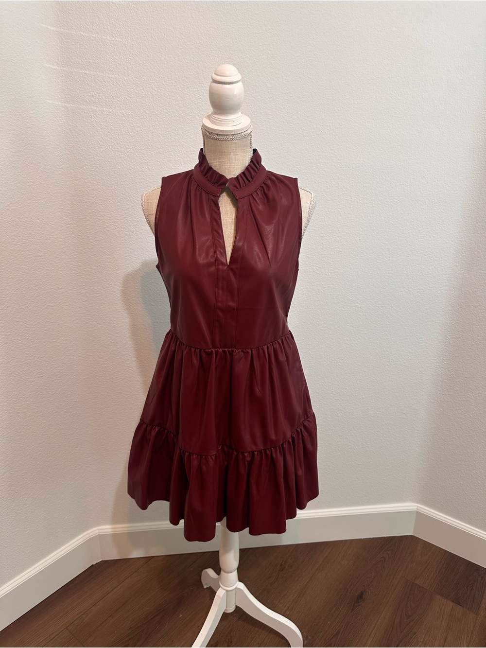 Fate Vegan Leather Sleeveless Wine Ruffled Mock-Neck Tiered Mini Dress